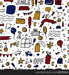 Seamless pattern of sale phrases and objects for promotion banners. Endless background promo items and inscriptions in doodle style. Vector illustration.