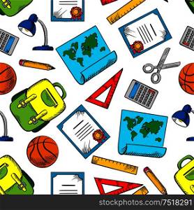 Seamless pattern of school backpacks, pencils, rulers and world maps, calculators, scissors, basketball balls, desk lamps and diplomas on white background. Back to school or education concept design. Seamless pattern of school and education supplies
