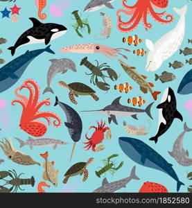 Seamless pattern of sea animals on blue background