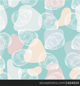 Seamless pattern of seashells and spots. Marine background. Hand drawn vector illustration. For invitations, cards, posters, print, banners, advertising, textile, wallpaper and bed linen. Seamless pattern different hand drawn seashells vector illustration