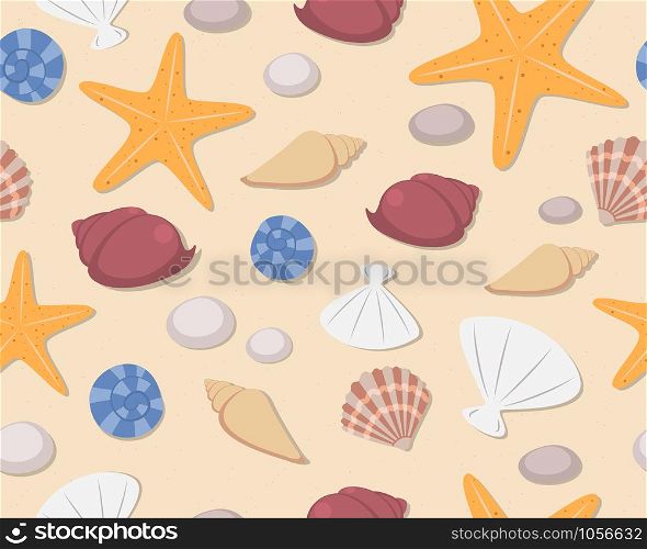 Seamless pattern of seashells and starfish on beach background - Vector illustration