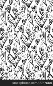 Seamless pattern of sketch black doodle hearts with hatching on a white background. Scribble texture. Love on Valentines Day holiday. Vector festive wallpaper.. Seamless pattern of sketch black doodle hearts with hatching on a white background. Scribble texture. Love on Valentines Day holiday.