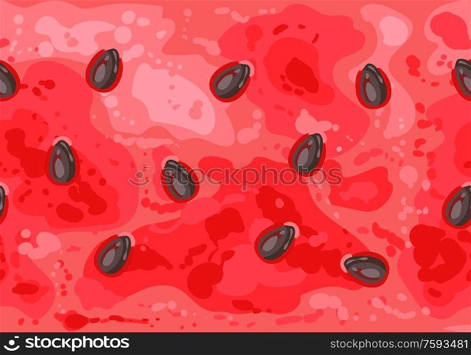 Seamless pattern of slice ripe watermelon with seeds. Summer fruit decorative illustration.. Seamless pattern of slice ripe watermelon with seeds.