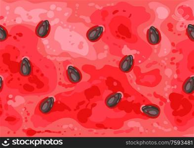 Seamless pattern of slice ripe watermelon with seeds. Summer fruit decorative illustration.. Seamless pattern of slice ripe watermelon with seeds.