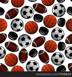 Seamless pattern of soccer, american football and basketball balls and ice hockey rubber pucks randomly scattered over white background. May be use as fabric or sports backdrop design. Sports balls and pucks seamless pattern