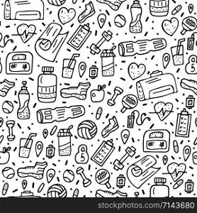 Seamless pattern of sport activities tools, symbols in doodle style. Fitness vector background.