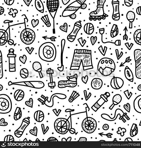Seamless pattern of sport. Healthy lifestyle tools, activities symbols in doodle style. Fitness vector endless background.