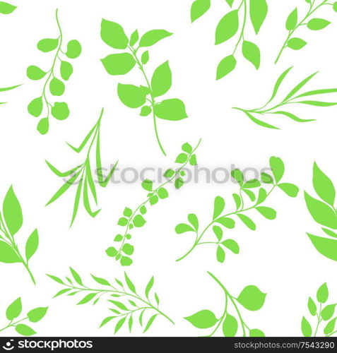 Seamless pattern of sprigs with green leaves. Decorative natural plants.. Seamless pattern of sprigs with green leaves.