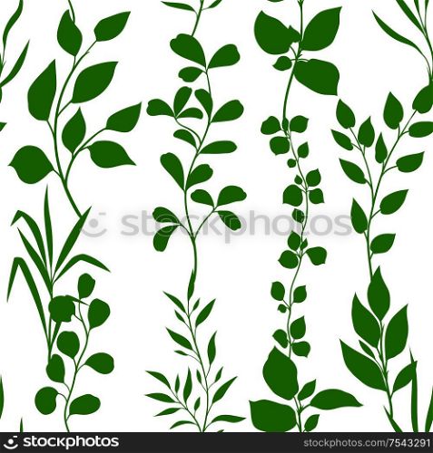 Seamless pattern of sprigs with green leaves. Decorative natural plants.. Seamless pattern of sprigs with green leaves.