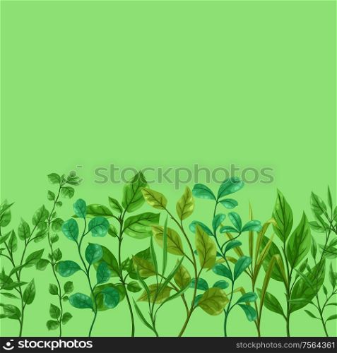 Seamless pattern of sprigs with green leaves. Decorative natural plants.. Seamless pattern of sprigs with green leaves.