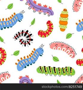 Seamless pattern of spring, summer colorful caterpillars, centipede. Silhouettes of cute caterpillar, small maggot move. Funny kids insects, garden, forest animal. Hand drawn flat vector illustration.