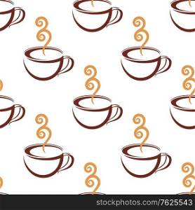 Seamless pattern of steaming hot brown cups of coffee with beige steam isolated on white background suitable for cafe and restaurants design. Seamless pattern of hot cup of coffee