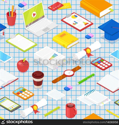 Seamless pattern of student accsessories on blue background.Vector illustration.