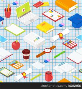 Seamless pattern of student accsessories on blue background.Vector illustration.