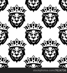 Seamless pattern of the head of a Royal lion wearing a crown in a repeat motif suitable for heraldry design. Seamless pattern of a Royal lion