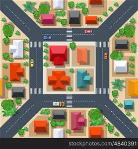 Seamless pattern of the urban landscape. Top view of a highway junction and a traffic intersection in the city with houses, trees and streets
