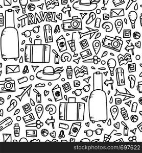 Seamless pattern of travel symbols in doodle style. Hand drawn vector trip black and white design elements endless background. Sketch illustration.