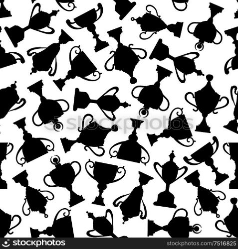 Seamless pattern of trophy cups black silhouettes randomly scattered over white background. Sport achievement, profession awards, victory theme design. Black and white seamless trophies pattern
