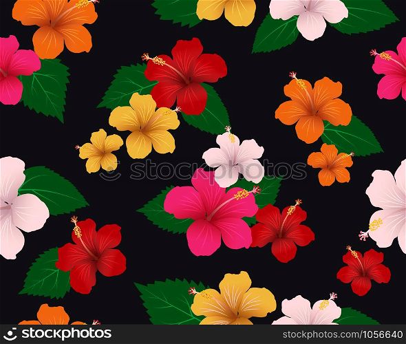 Seamless pattern of tropical flora with hibiscus flowers and leaves on dark background - Vector Illustration