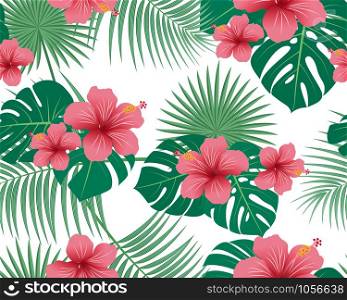 Seamless pattern of tropical floral and leaves on white background - Vector illustration