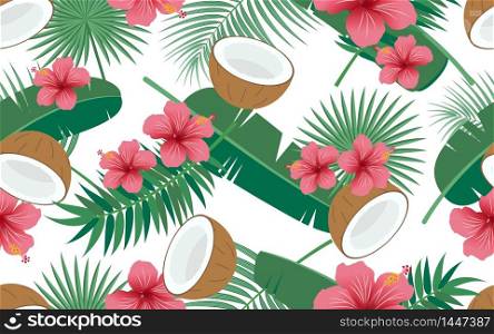 Seamless pattern of tropical floral and leaves with coconut on white background - Vector illustration