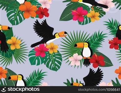 Seamless pattern of tropical floral with leaves and toucan bird on nature background - Vector illustration