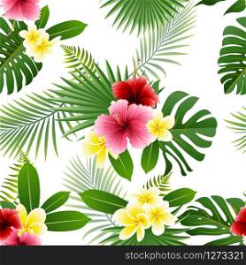 Seamless pattern of tropical flowers and tropical leaves