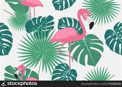 Seamless pattern of tropical green palm jungle and monstera leaves with flamingo on white background.