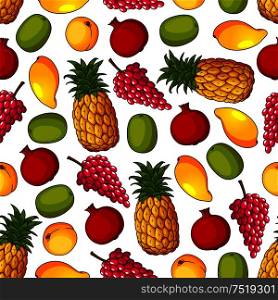 Seamless pattern of tropical pineapple, mango and kiwi, purple grape, peach, pomegranate fruits on white background. Food packaging or exotic cocktail menu design. Seamless pattern of healthy fresh fruits