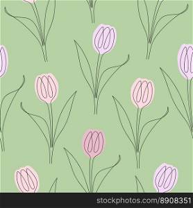 Seamless pattern of tulips drawn in one line. Vector illustration isolated on green background.. Seamless pattern of tulips drawn in one line. Vector illustration isolated on green background