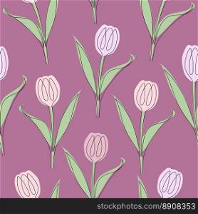 Seamless pattern of tulips drawn in one line. Vector illustration isolated on pink background.. Seamless pattern of tulips drawn in one line. Vector illustration isolated on pink background