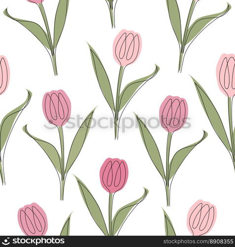 Seamless pattern of tulips drawn in one line. Vector illustration isolated on white background.. Seamless pattern of tulips drawn in one line. Vector illustration isolated on white background