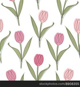 Seamless pattern of tulips drawn in one line. Vector illustration isolated on white background.. Seamless pattern of tulips drawn in one line. Vector illustration isolated on white background