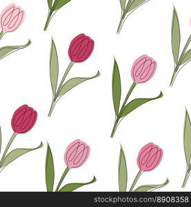 Seamless pattern of tulips drawn in one line. Vector illustration isolated on white background.. Seamless pattern of tulips drawn in one line. Vector illustration isolated on white background