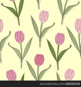 Seamless pattern of tulips drawn in one line. Vector illustration isolated on yellow background.. Seamless pattern of tulips drawn in one line. Vector illustration isolated on yellow background