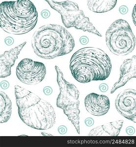 Seamless pattern of turquoise seashells. Marine background. Hand drawn vector illustration. For invitations, cards, posters, print, banners, advertising, textile, wallpaper and bed linen. Seamless pattern turquoise hand drawn seashells vector illustration