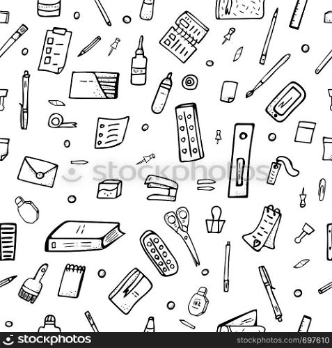 Seamless pattern of vector office supplies. Collection of stationery endless background.
