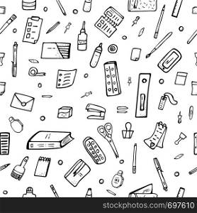 Seamless pattern of vector office supplies. Collection of stationery endless background.