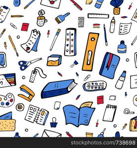 Seamless pattern of vector office supplies. Collection of stationery in doodle style endless background.