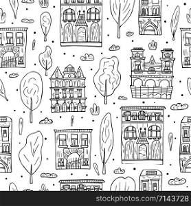 Seamless pattern of vector sketch houses, trees and clouds. Endless background in doodle style.