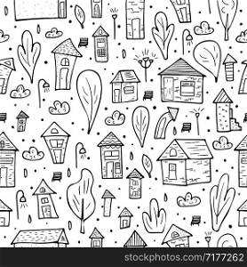 Seamless pattern of vector sketch houses, trees and clouds. Endless background in doodle style.