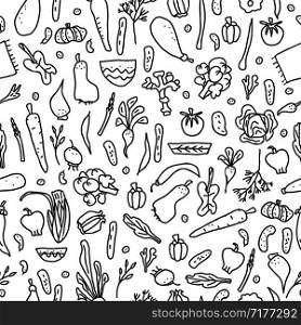 Seamless pattern of vector vegetables. Endless background of veg in doodle style.