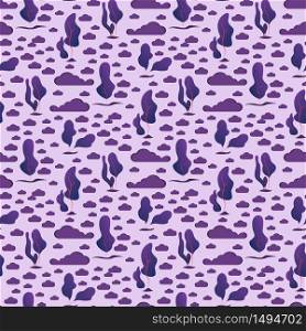 Seamless Pattern of Violet Trees and Clouds on Purple Background. Nature Landscape Texture for Fabric, Wrapping Paper, Textile, Botanical Decorative Ornament, Wallpaper, Print Flat Vector Illustration. Seamless Pattern of Trees and Clouds Background.