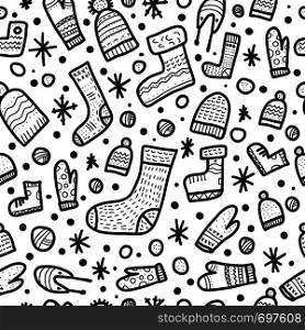 Seamless pattern of warm socks, beanies, gloves. Endless background in doodle style. Vector illustration.
