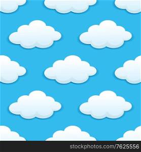 Seamless pattern of white and fluffy clouds in blue sky suitable for children&rsquo;s wallpapers, tiles, textile and design in square format. Seamless pattern with fluffy clouds