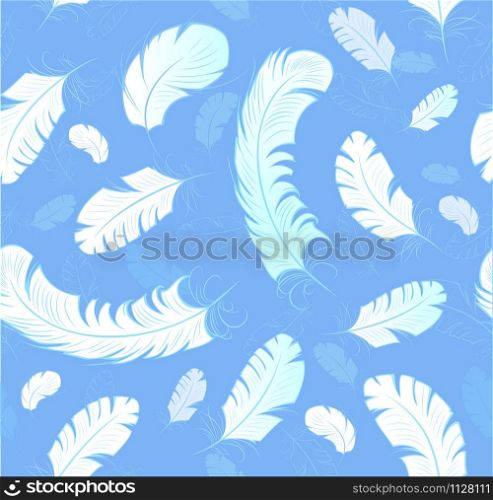seamless pattern of white, artistically painted, stylized feathers with thin beautiful contours, on a light blue background.