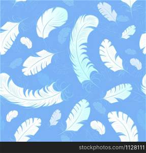 seamless pattern of white, artistically painted, stylized feathers with thin beautiful contours, on a light blue background.