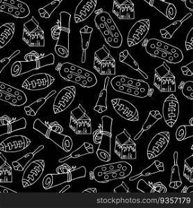 Seamless pattern of white contour doodles on a black background. Ideal for packaging, textiles, backgrounds, covers. Vector illustration.