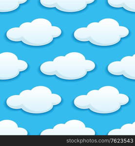Seamless pattern of white fluffy clouds in a turquoise blue sky in square format suitable for wallpaper, tiles or textile