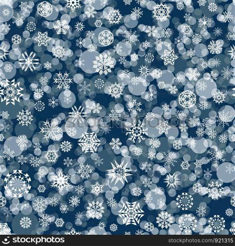 seamless pattern of white snowflakes and circles on a blue background